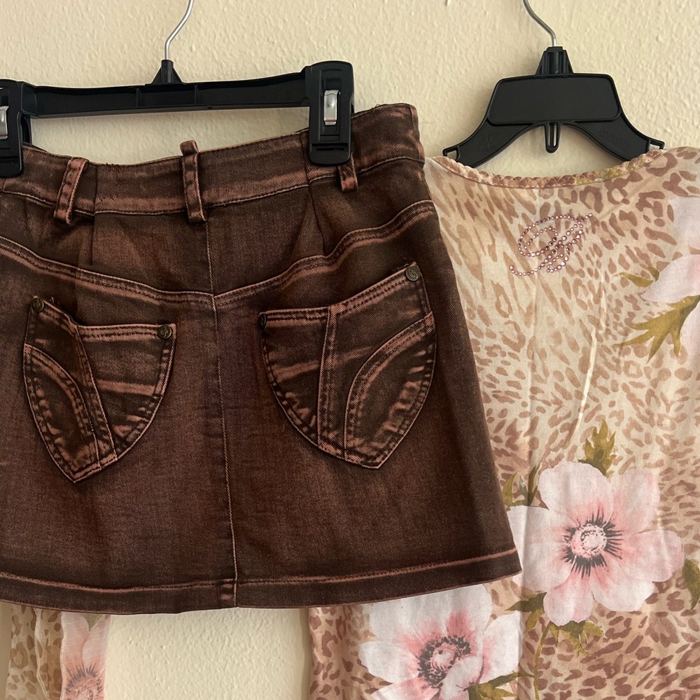 Miss Blumarine Pink Floral Top Brown Skirt jeans 3 Pc Set belt Italy size 10-12 - Picture 10 of 12